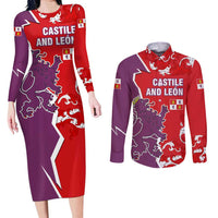 Castile and León Flag Couples Matching Long Sleeve Bodycon Dress and Long Sleeve Button Shirt Autonomous Community of Spain - Wonder Print Shop