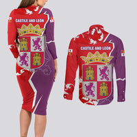 Castile and León Flag Couples Matching Long Sleeve Bodycon Dress and Long Sleeve Button Shirt Autonomous Community of Spain - Wonder Print Shop