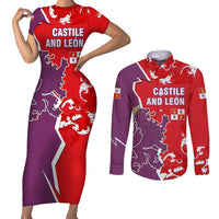 Castile and León Flag Couples Matching Short Sleeve Bodycon Dress and Long Sleeve Button Shirt Autonomous Community of Spain - Wonder Print Shop