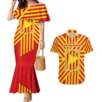 Catalonia Flag Couples Matching Mermaid Dress and Hawaiian Shirt Autonomous Community of Spain - Wonder Print Shop