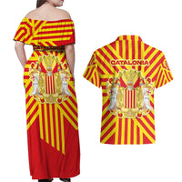 Catalonia Flag Couples Matching Off Shoulder Maxi Dress and Hawaiian Shirt Autonomous Community of Spain - Wonder Print Shop