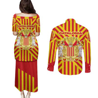Catalonia Flag Couples Matching Puletasi and Long Sleeve Button Shirt Autonomous Community of Spain - Wonder Print Shop