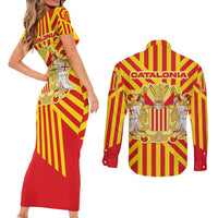 Catalonia Flag Couples Matching Short Sleeve Bodycon Dress and Long Sleeve Button Shirt Autonomous Community of Spain - Wonder Print Shop