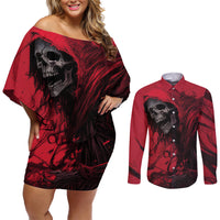 Skull Death Couples Matching Off Shoulder Short Dress and Long Sleeve Button Shirts Your Time - Wonder Print Shop