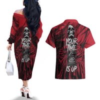 Skull Death Couples Matching Off The Shoulder Long Sleeve Dress and Hawaiian Shirt Your Time - Wonder Print Shop
