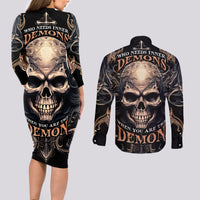 Skull Fantasy Couples Matching Long Sleeve Bodycon Dress and Long Sleeve Button Shirts Who Needs Inner Demons When You Are The Demon - Wonder Print Shop