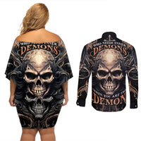 Skull Fantasy Couples Matching Off Shoulder Short Dress and Long Sleeve Button Shirts Who Needs Inner Demons When You Are The Demon - Wonder Print Shop