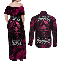 Death Skull Couples Matching Off Shoulder Maxi Dress and Long Sleeve Button Shirts I'm Scary Enough Without A Costume - Wonder Print Shop