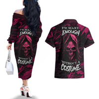 Death Skull Couples Matching Off The Shoulder Long Sleeve Dress and Hawaiian Shirt I'm Scary Enough Without A Costume - Wonder Print Shop