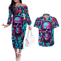 Skull Grafity Couples Matching Off The Shoulder Long Sleeve Dress and Hawaiian Shirt You Are Never Too Young To Dream Big - Wonder Print Shop