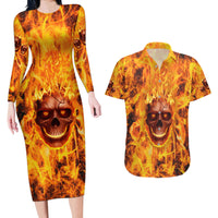 Three Skulls Flaming Couples Matching Long Sleeve Bodycon Dress and Hawaiian Shirt High On Fire - Wonder Print Shop