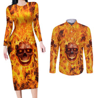 Three Skulls Flaming Couples Matching Long Sleeve Bodycon Dress and Long Sleeve Button Shirts High On Fire - Wonder Print Shop
