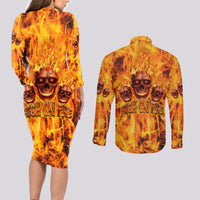 Three Skulls Flaming Couples Matching Long Sleeve Bodycon Dress and Long Sleeve Button Shirts High On Fire - Wonder Print Shop