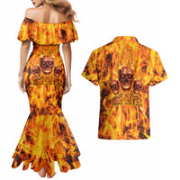 Three Skulls Flaming Couples Matching Mermaid Dress and Hawaiian Shirt High On Fire - Wonder Print Shop
