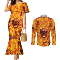 three-skulls-flaming-couples-matching-mermaid-dress-and-long-sleeve-button-shirts-high-on-fire