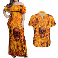 Three Skulls Flaming Couples Matching Off Shoulder Maxi Dress and Hawaiian Shirt High On Fire - Wonder Print Shop