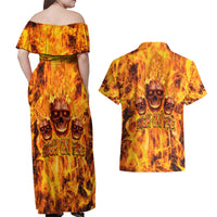 Three Skulls Flaming Couples Matching Off Shoulder Maxi Dress and Hawaiian Shirt High On Fire - Wonder Print Shop