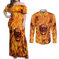 Three Skulls Flaming Couples Matching Off Shoulder Maxi Dress and Long Sleeve Button Shirts High On Fire - Wonder Print Shop