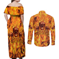 Three Skulls Flaming Couples Matching Off Shoulder Maxi Dress and Long Sleeve Button Shirts High On Fire - Wonder Print Shop