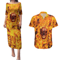 Three Skulls Flaming Couples Matching Puletasi Dress and Hawaiian Shirt High On Fire - Wonder Print Shop