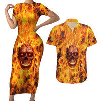 Three Skulls Flaming Couples Matching Short Sleeve Bodycon Dress and Hawaiian Shirt High On Fire - Wonder Print Shop