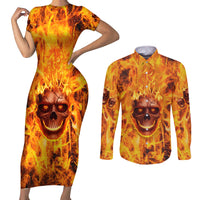 Three Skulls Flaming Couples Matching Short Sleeve Bodycon Dress and Long Sleeve Button Shirts High On Fire - Wonder Print Shop