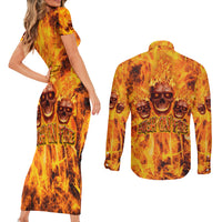 Three Skulls Flaming Couples Matching Short Sleeve Bodycon Dress and Long Sleeve Button Shirts High On Fire - Wonder Print Shop