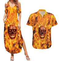 Three Skulls Flaming Couples Matching Summer Maxi Dress and Hawaiian Shirt High On Fire - Wonder Print Shop