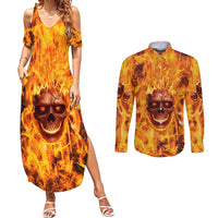 Three Skulls Flaming Couples Matching Summer Maxi Dress and Long Sleeve Button Shirts High On Fire - Wonder Print Shop