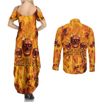 Three Skulls Flaming Couples Matching Summer Maxi Dress and Long Sleeve Button Shirts High On Fire - Wonder Print Shop
