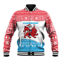 Luxembourg Christmas Baseball Jacket with Santa Claus Red Lion Snowflake Pattern and National Flag Design - Wonder Print Shop