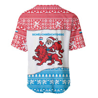 Luxembourg Christmas Baseball Jersey with Santa Claus Red Lion Snowflake Pattern and National Flag Design - Wonder Print Shop