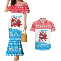 Luxembourg Christmas Couples Matching Mermaid Dress and Hawaiian Shirt with Santa Claus Red Lion Snowflake Pattern and National Flag Design - Wonder Print Shop