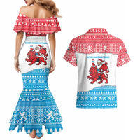 Luxembourg Christmas Couples Matching Mermaid Dress and Hawaiian Shirt with Santa Claus Red Lion Snowflake Pattern and National Flag Design - Wonder Print Shop
