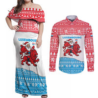 Luxembourg Christmas Couples Matching Off Shoulder Maxi Dress and Long Sleeve Button Shirt with Santa Claus Red Lion Snowflake Pattern and National Flag Design - Wonder Print Shop