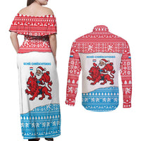 Luxembourg Christmas Couples Matching Off Shoulder Maxi Dress and Long Sleeve Button Shirt with Santa Claus Red Lion Snowflake Pattern and National Flag Design - Wonder Print Shop