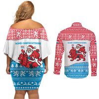 Luxembourg Christmas Couples Matching Off Shoulder Short Dress and Long Sleeve Button Shirt with Santa Claus Red Lion Snowflake Pattern and National Flag Design - Wonder Print Shop