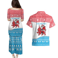 Luxembourg Christmas Couples Matching Puletasi and Hawaiian Shirt with Santa Claus Red Lion Snowflake Pattern and National Flag Design - Wonder Print Shop