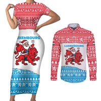 Luxembourg Christmas Couples Matching Short Sleeve Bodycon Dress and Long Sleeve Button Shirt with Santa Claus Red Lion Snowflake Pattern and National Flag Design - Wonder Print Shop
