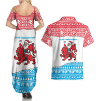 Luxembourg Christmas Couples Matching Summer Maxi Dress and Hawaiian Shirt with Santa Claus Red Lion Snowflake Pattern and National Flag Design - Wonder Print Shop