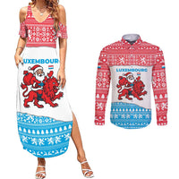 Luxembourg Christmas Couples Matching Summer Maxi Dress and Long Sleeve Button Shirt with Santa Claus Red Lion Snowflake Pattern and National Flag Design - Wonder Print Shop