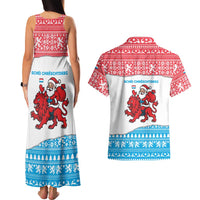 Luxembourg Christmas Couples Matching Tank Maxi Dress and Hawaiian Shirt with Santa Claus Red Lion Snowflake Pattern and National Flag Design - Wonder Print Shop