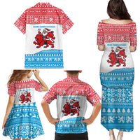 Luxembourg Christmas Family Matching Puletasi and Hawaiian Shirt with Santa Claus Red Lion Snowflake Pattern and National Flag Design - Wonder Print Shop