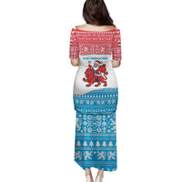 Luxembourg Christmas Family Matching Puletasi and Hawaiian Shirt with Santa Claus Red Lion Snowflake Pattern and National Flag Design - Wonder Print Shop