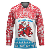 Luxembourg Christmas Hockey Jersey with Santa Claus Red Lion Snowflake Pattern and National Flag Design - Wonder Print Shop