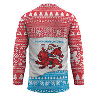 Luxembourg Christmas Hockey Jersey with Santa Claus Red Lion Snowflake Pattern and National Flag Design - Wonder Print Shop