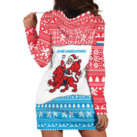 Luxembourg Christmas Hoodie Dress with Santa Claus Red Lion Snowflake Pattern and National Flag Design - Wonder Print Shop