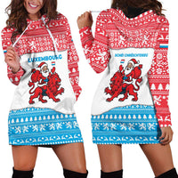 Luxembourg Christmas Hoodie Dress with Santa Claus Red Lion Snowflake Pattern and National Flag Design - Wonder Print Shop