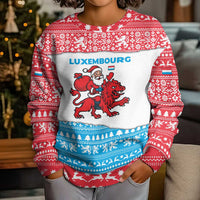 Luxembourg Christmas Kid Ugly Christmas Sweater with Santa Claus Red Lion Snowflake Pattern and National Flag Design - Wonder Print Shop
