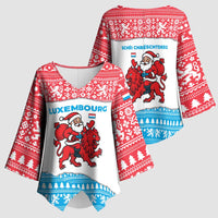 Luxembourg Christmas Kimono Sleeve Blouse with Santa Claus Red Lion Snowflake Pattern and National Flag Design - Wonder Print Shop